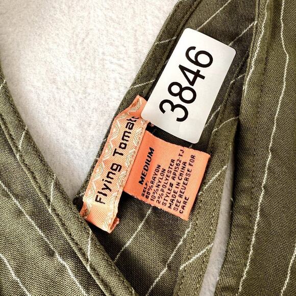 Flying Tomato Jumpsuit Women's M Green Striped Belted Cross Cutout Back V-Neck - Picture 8 of 12